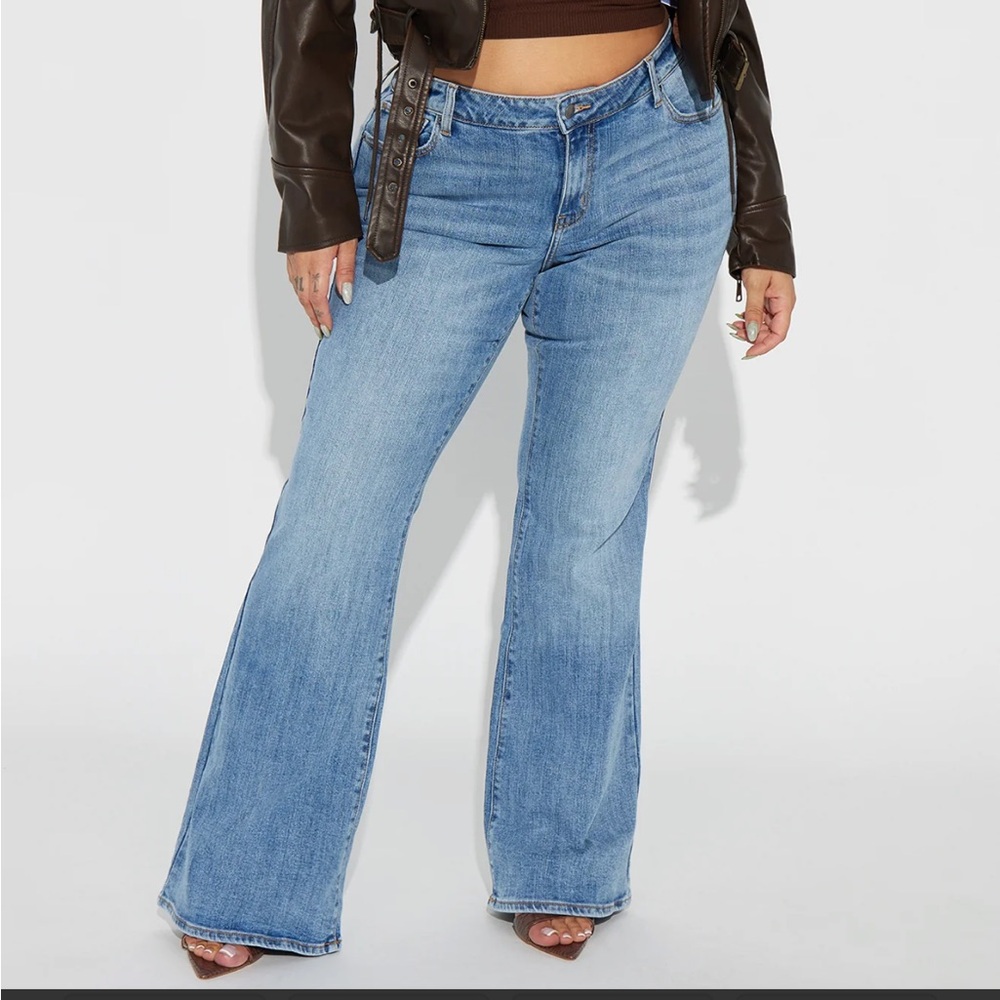 Drop Waist Stretch Flare Jeans - Medium Wash